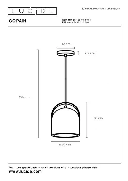 Lucide COPAIN - Hanglamp - Ø 20 cm - 1xE27 - Taupe - technisch